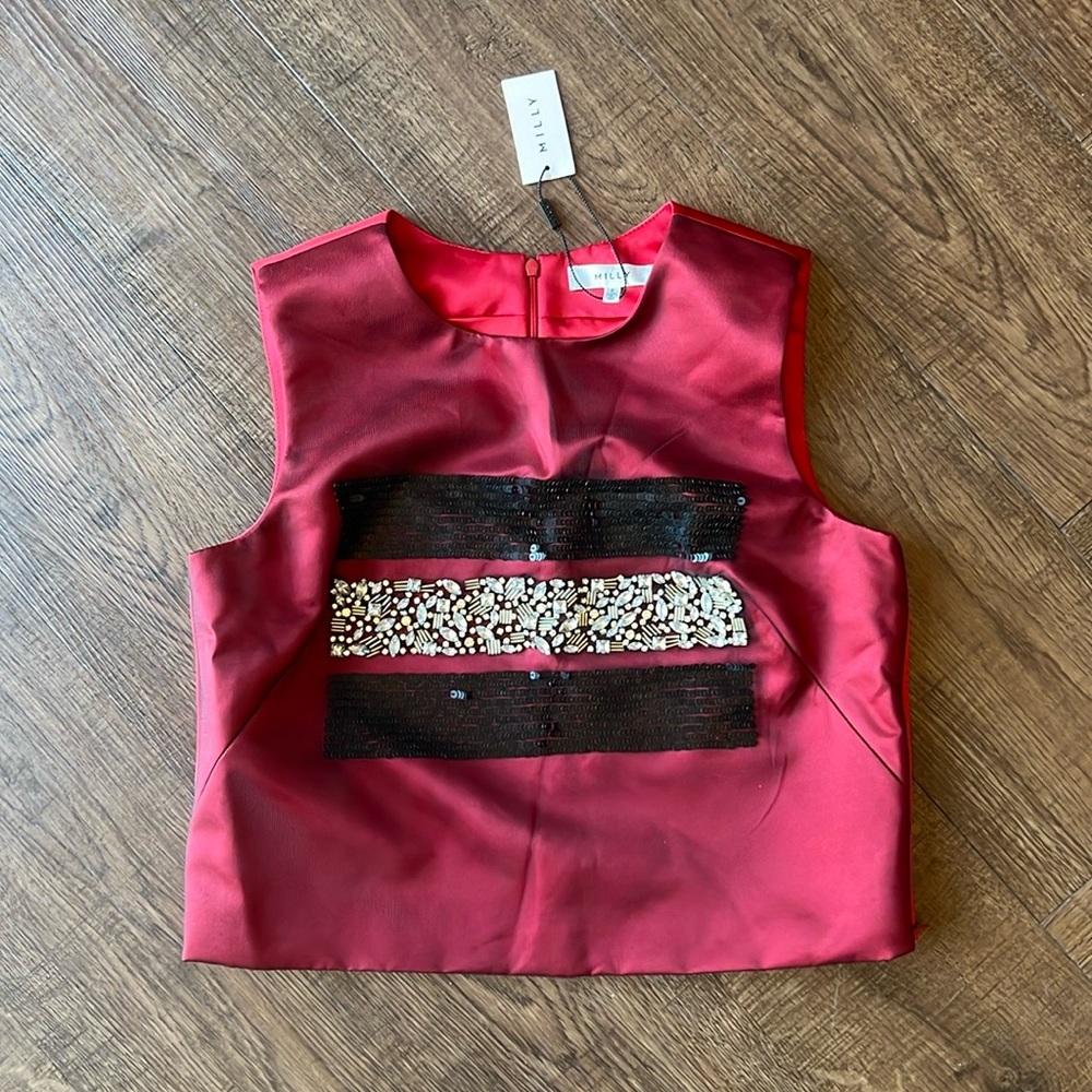 Milly Jewel Embellished Sleeveless Blouse Bordeaux Sz 8 NWT
